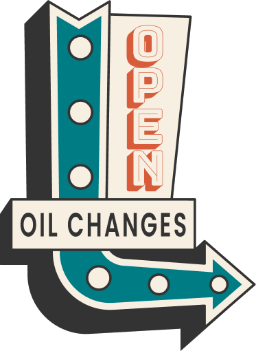 OilChangesOpen Retro-style sign shaped like a downward arrow with teal and cream colors, marquee lights, and the words ‘OPEN OIL CHANGES’ in bold lettering.
